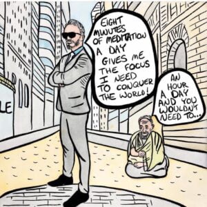 Color illustration of a city with two men, one in a suit and the other in monk's attire, talking about meditation