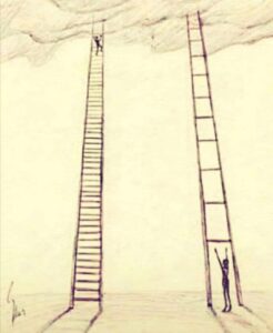 Sketch of two ladders reaching the clouds, one with close rungs and a person near the top, and the other with far-spaced rungs unreachable for a person below