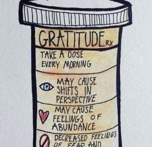 Illustration of a pill bottle labeled 'GRATITUDE RX' with dosage instructions