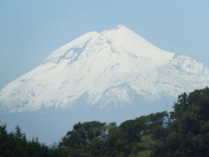 The majestic Pico de Orizaba, blanketed heavily in snow, with verdant green trees emerging at the base of the image